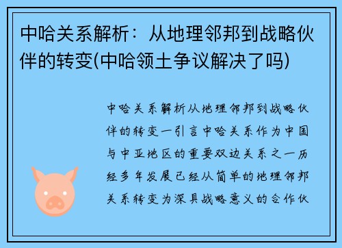 中哈关系解析：从地理邻邦到战略伙伴的转变(中哈领土争议解决了吗)